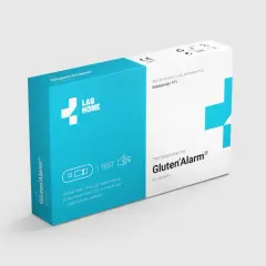 Pudełko testu diagnostycznego Gluten'Alarm do samokontroli, z symbolem krzyża i napisem "LAB HOME".
