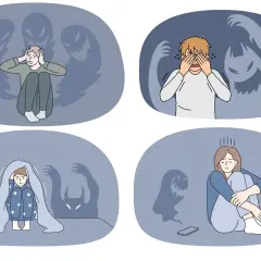 Ilustracje pokazują ludzi zmagających się z lękiem, otoczonych cienistymi postaciami. Zespół lęku uogólnionego objawy są tu widoczne jako strach i przygnębienie.