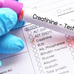Rękawiczka w niebieskiej rękawiczce trzyma probówkę z napisem "Creatinine - Test". Obok zaznaczono "Creatinine" na formularzu badania krwi.
