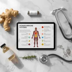 Imbir, zioła i suplementy na ekranie tabletu pokazują, co wywołuje choroby autoimmunologiczne. Stetoskop i butelka sugerują medyczne podejście.