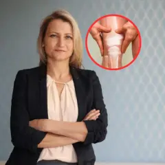 Kobieta w garniturze i zbliżenie na zdrowe kolano symbolizujące nowoczesne leczenie osteoporozy.
