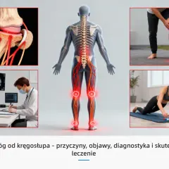 Ból kolana od kręgosłupa może objawiać się jako promieniujący dyskomfort. Ilustracje pokazują anatomię stawu, kręgosłupa z bólem, pacjenta i rehabilitację.
