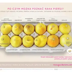 Cytryny w wytłaczance jajek symbolizują różne zmiany w piersiach, w tym rosnące torbiele, pomagając rozpoznać raka piersi.