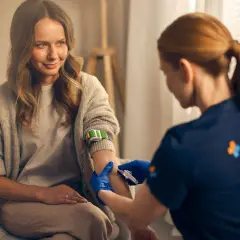 Uspokojona pacjentka uśmiecha się podczas pobierania krwi. Pielęgniarka w rękawiczkach zakłada opaskę uciskową, by ułatwić proces i pokazać, jak nie zemdleć przy pobieraniu krwi.