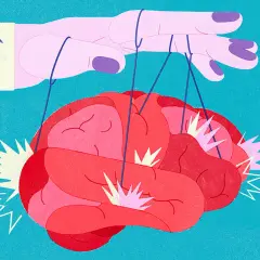 Dłoń-marionetka steruje mózgiem, symbolizując siłę sugestii i to, co to znaczy placebo.