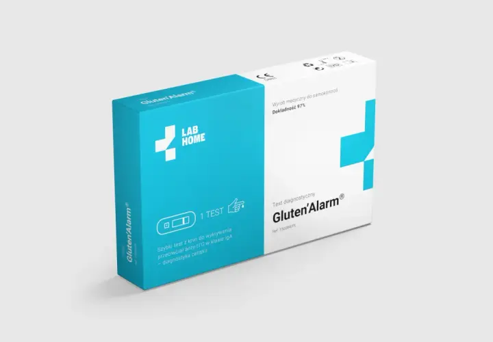 Pudełko testu diagnostycznego Gluten'Alarm do samokontroli, z symbolem krzyża i napisem "LAB HOME".