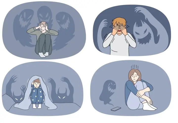Ilustracje pokazują ludzi zmagających się z lękiem, otoczonych cienistymi postaciami. Zespół lęku uogólnionego objawy są tu widoczne jako strach i przygnębienie.