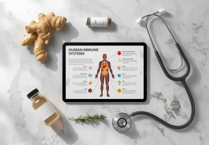 Imbir, zioła i suplementy na ekranie tabletu pokazują, co wywołuje choroby autoimmunologiczne. Stetoskop i butelka sugerują medyczne podejście.