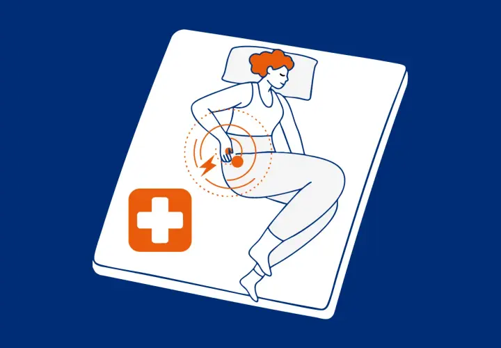 Kobieta leży na materacu, odczuwając kłujące bóle w różnych miejscach, symbolizowane przez błyskawice i okręgi. Obok niej pomarańczowy symbol krzyża.