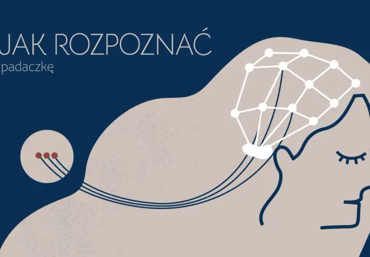 Grafika ilustruje rozpoznawanie padaczki poprzez analizę zmian napadowych w EEG. Widoczne są elektrody podłączone do mózgu.