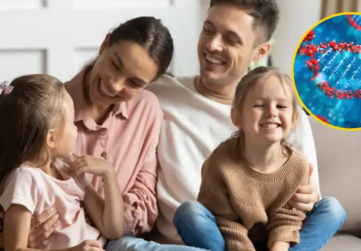 Szczęśliwa rodzina z dziećmi, obok której widnieje symbol DNA, sugerujący dziedziczna choroba krwi.
