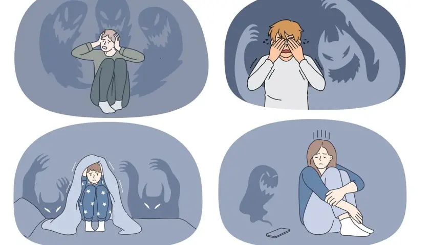 Ilustracje pokazują ludzi zmagających się z lękiem, otoczonych cienistymi postaciami. Zespół lęku uogólnionego objawy są tu widoczne jako strach i przygnębienie.