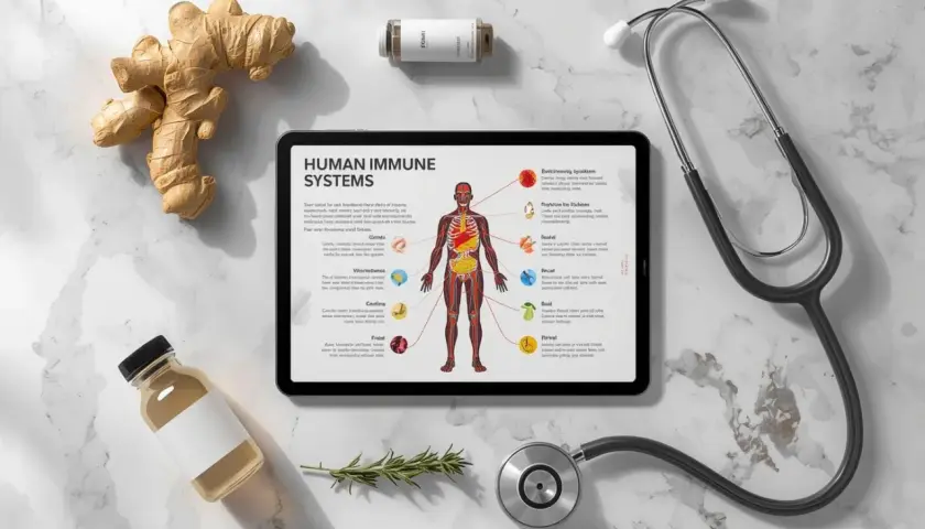 Imbir, zioła i suplementy na ekranie tabletu pokazują, co wywołuje choroby autoimmunologiczne. Stetoskop i butelka sugerują medyczne podejście.