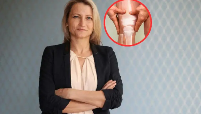 Kobieta w garniturze i zbliżenie na zdrowe kolano symbolizujące nowoczesne leczenie osteoporozy.