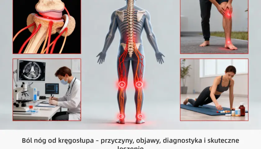 Ból kolana od kręgosłupa może objawiać się jako promieniujący dyskomfort. Ilustracje pokazują anatomię stawu, kręgosłupa z bólem, pacjenta i rehabilitację.