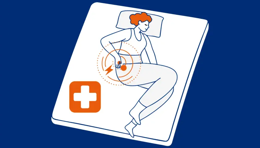 Kobieta leży na materacu, odczuwając kłujące bóle w różnych miejscach, symbolizowane przez błyskawice i okręgi. Obok niej pomarańczowy symbol krzyża.