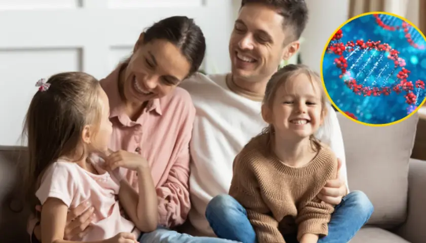 Szczęśliwa rodzina z dziećmi, obok której widnieje symbol DNA, sugerujący dziedziczna choroba krwi.