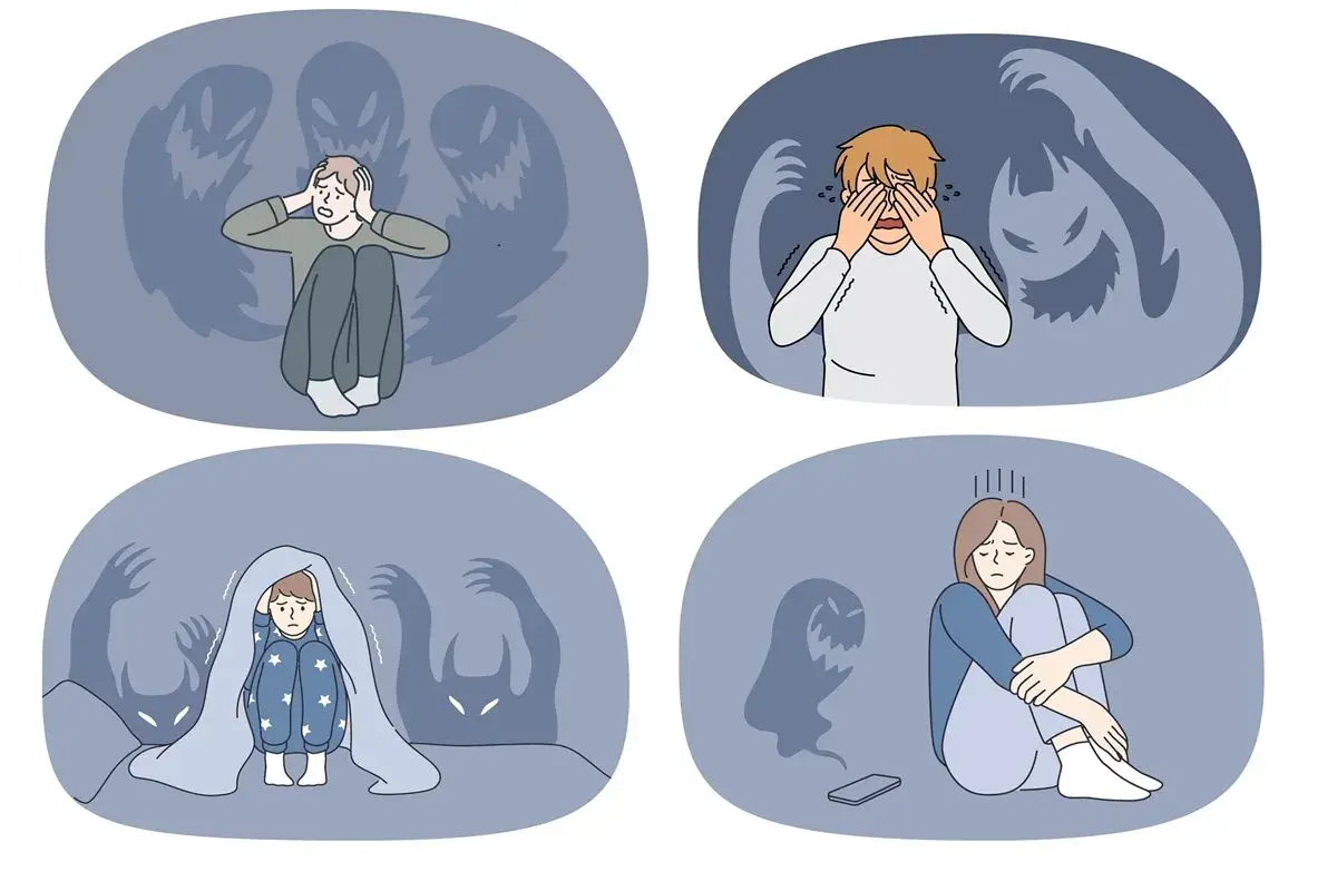 Ilustracje pokazują ludzi zmagających się z lękiem, otoczonych cienistymi postaciami. Zespół lęku uogólnionego objawy są tu widoczne jako strach i przygnębienie.