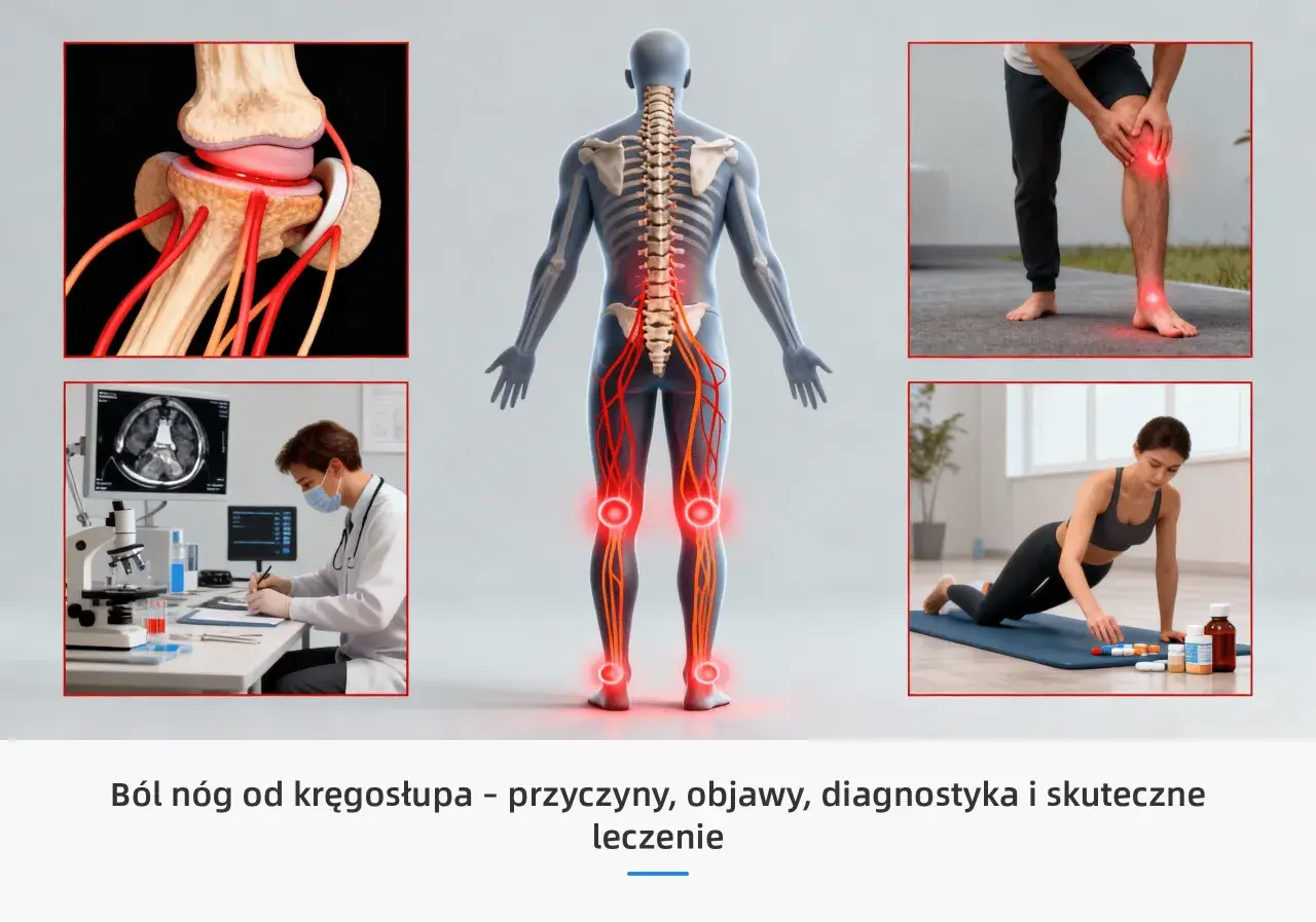 Ból kolana od kręgosłupa może objawiać się jako promieniujący dyskomfort. Ilustracje pokazują anatomię stawu, kręgosłupa z bólem, pacjenta i rehabilitację.