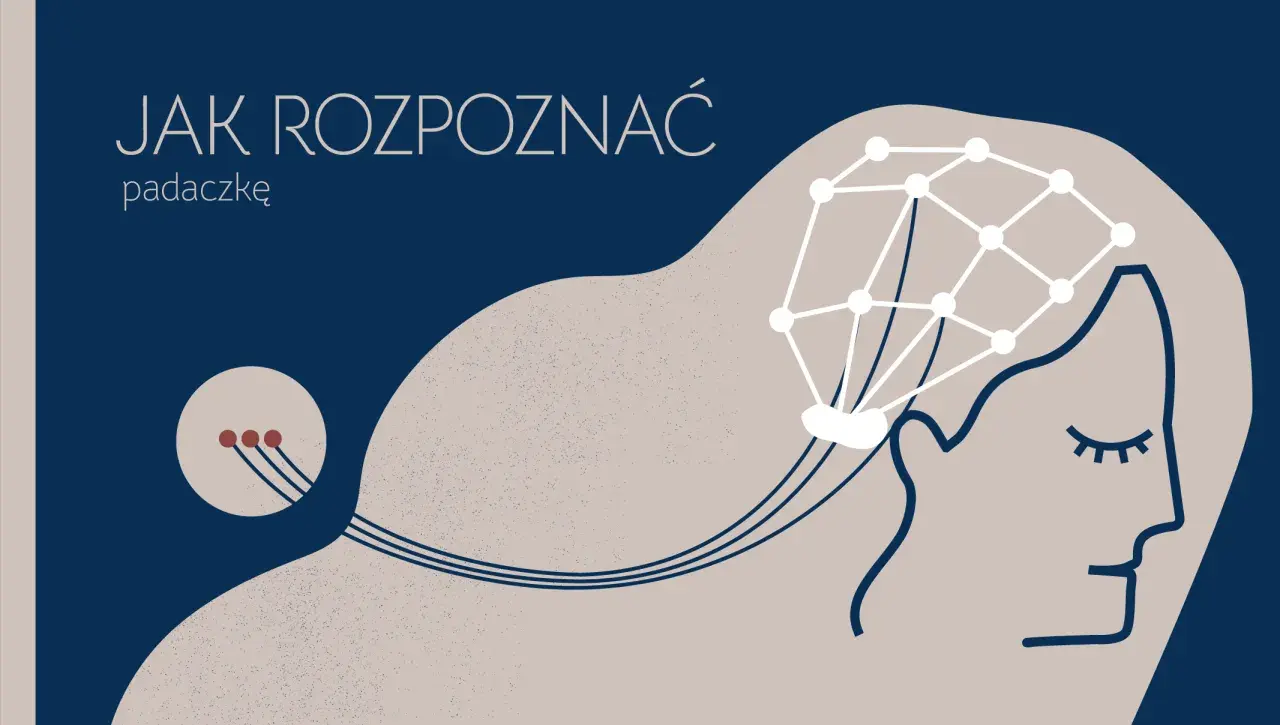 Grafika ilustruje rozpoznawanie padaczki poprzez analizę zmian napadowych w EEG. Widoczne są elektrody podłączone do mózgu.