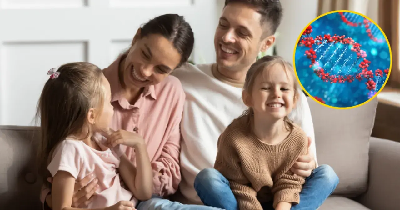 Szczęśliwa rodzina z dziećmi, obok której widnieje symbol DNA, sugerujący dziedziczna choroba krwi.