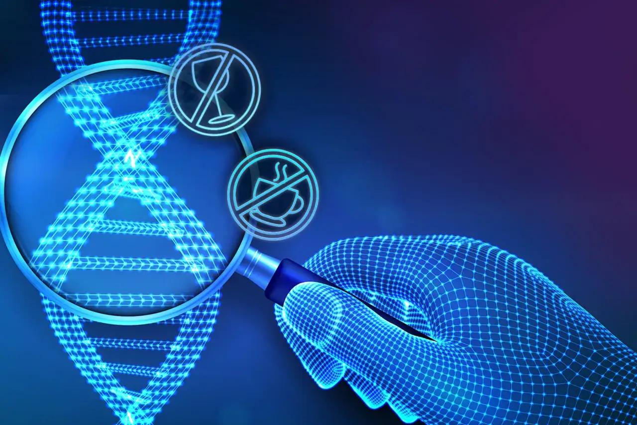Badanie kodu metabolicznego: lupa analizuje DNA, wskazując na zakaz spożywania alkoholu i kawy.