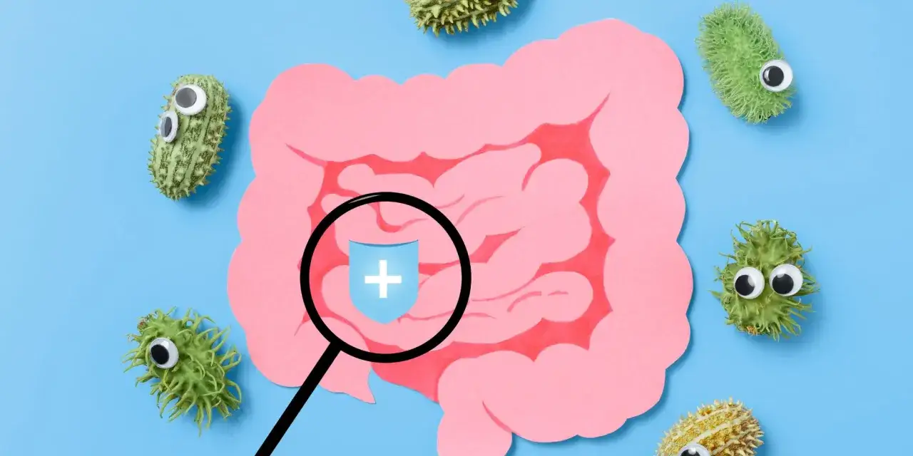Ilustracja przedstawia jelita, wokół których krążą zabawne, zielone stworki symbolizujące pasożyty układu pokarmowego. Lupa skupia się na ochronnym symbolu krzyża.