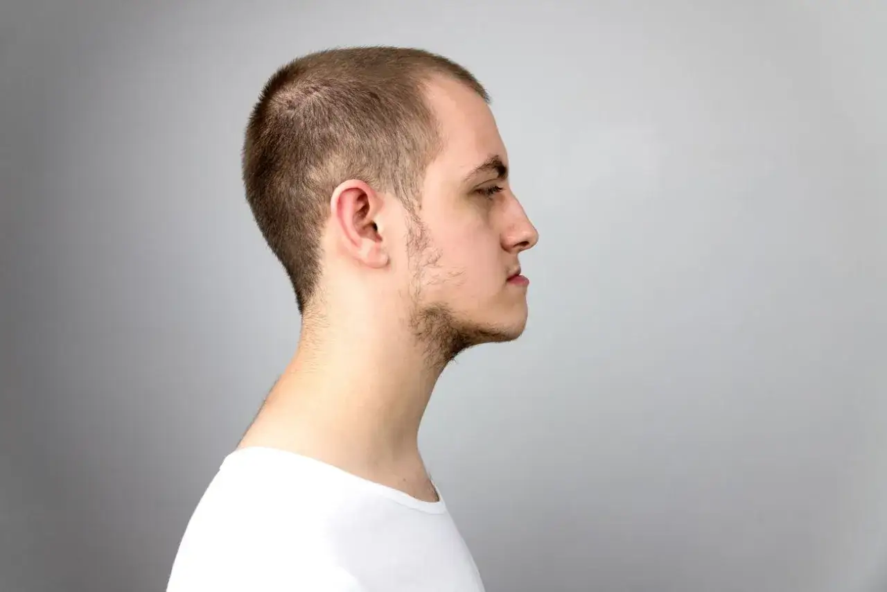 Profil młodego mężczyzny z wysuniętą dolną szczęką, krótkimi włosami i białym t-shirtem na szarym tle.