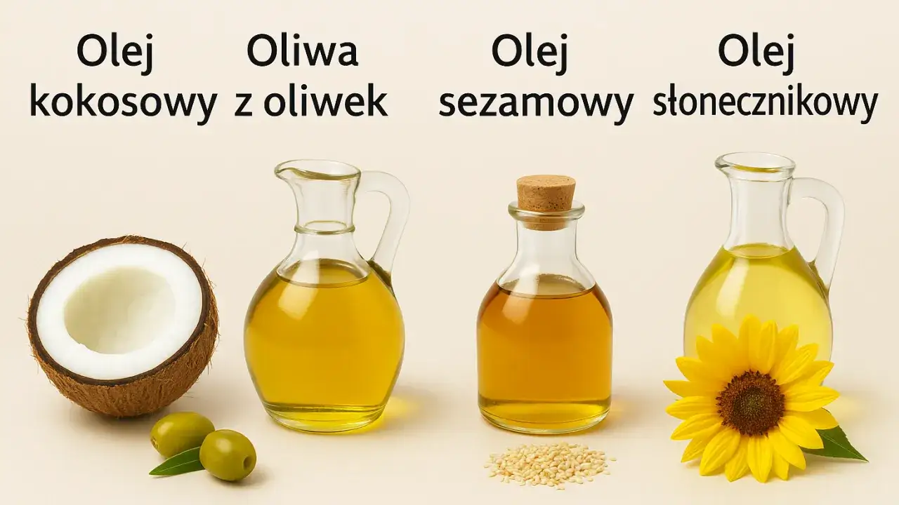 Olej kokosowy, oliwa z oliwek, olej sezamowy i olej słonecznikowy. Słonecznik symbolizuje ssanie oleju słonecznikowego.
