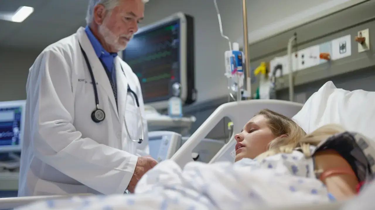 Lekarz przy łóżku pacjentki, która może doświadczać padaczki nieświadomości u dorosłych. Monitor EKG pokazuje parametry życiowe.