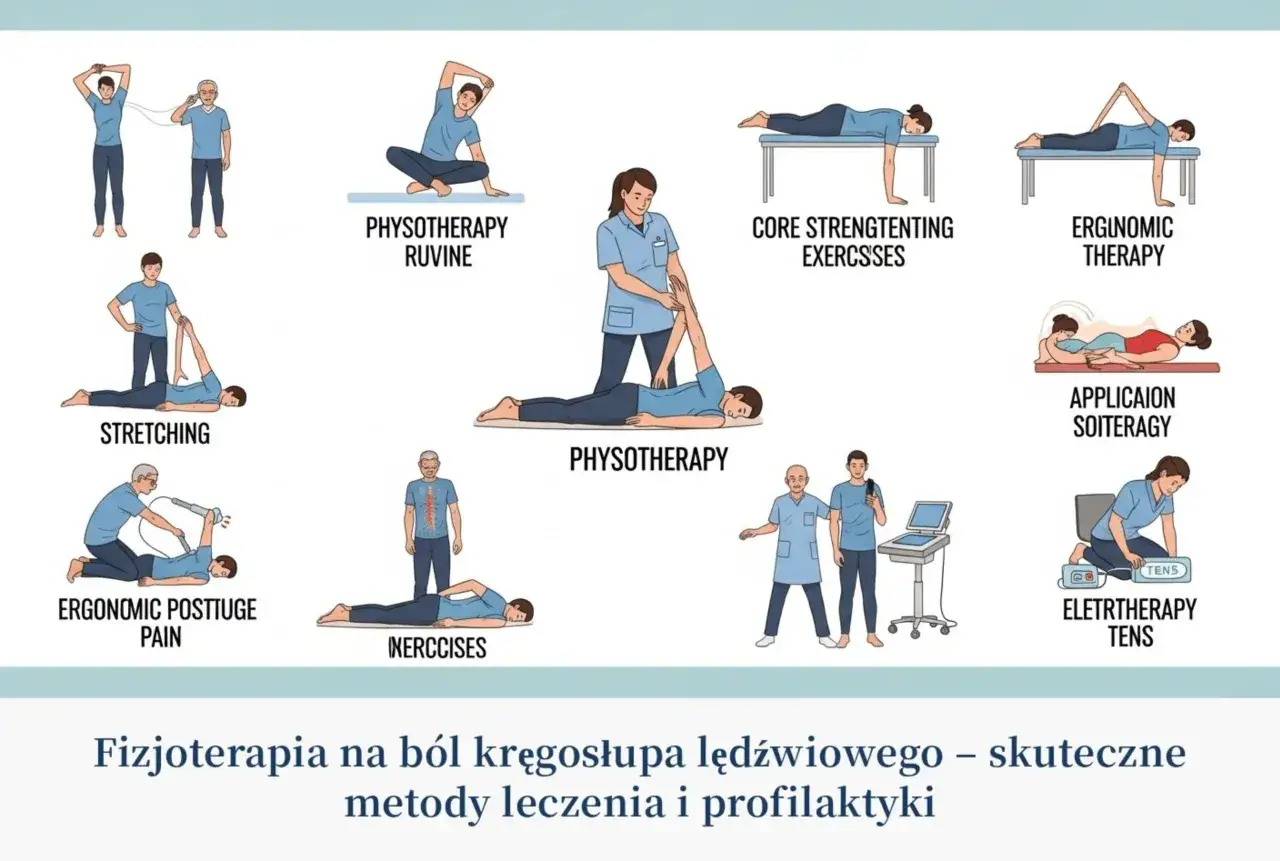 Ilustracje pokazują różne metody fizjoterapii, które pomagają zwalczyć mrowienie w plecach i ból kręgosłupa.