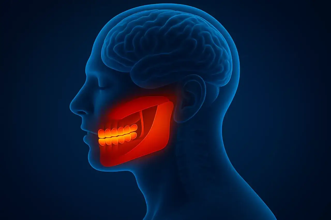 Anatomia głowy z podświetloną szczęką i zębami, ilustrująca parafunkcje narządu żucia.