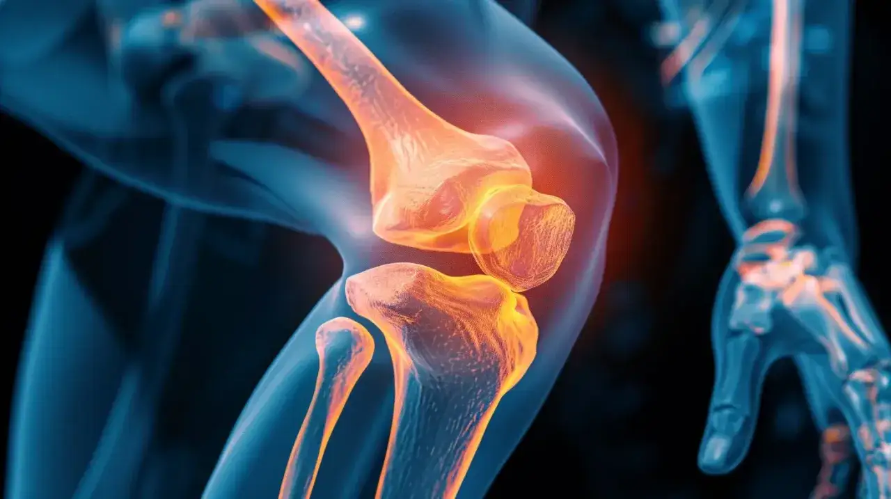 Anatomical rendering of a knee joint, highlighting bones and cartilage with an orange glow, suggesting pain or inflammation. This visual represents urazy kości i stawów.