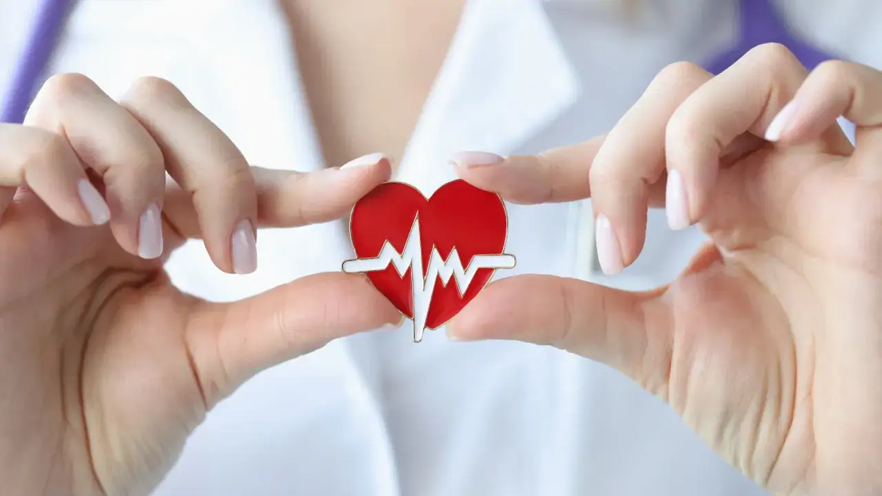Dłonie trzymają czerwone serce z EKG. Zawał serca jest najgroźniejszy w pewnym wieku, dbaj o serce.