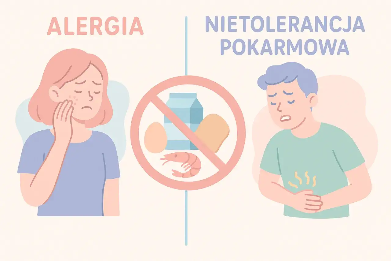 Ilustracja pokazuje różnice między alergią a nietolerancją pokarmową. Dowiedz się, jak sprawdzić nietolerancje pokarmowe.